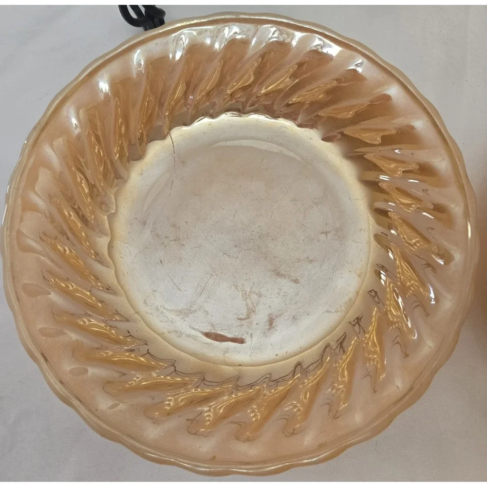 Vtg 2 Fire-King Peach Lustre Swirl Bowls with Meta Scroll Stands Anchor Hocking